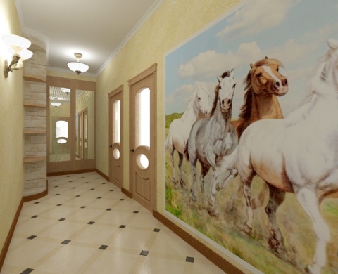 Une longue pièce peut être modifiée en utilisant différents papiers peints pour le couloir et le couloir.